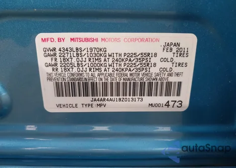 2011 Mitsubishi Outlander Sport Se from USA, damaged, VIN JA4AR4AU1BZ013173